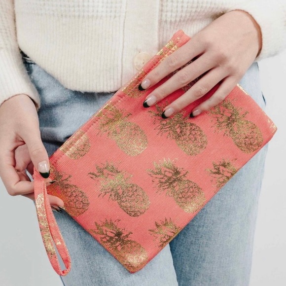 Coral Metallic Gold Foil Pineapple Clutch Wristlet - Picture 3 of 3